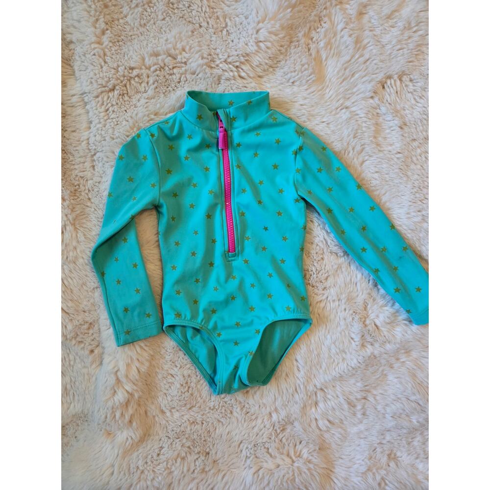 Boden Teal Stars Long Sleeve Zip Rash guard Swimsuit size 2-3